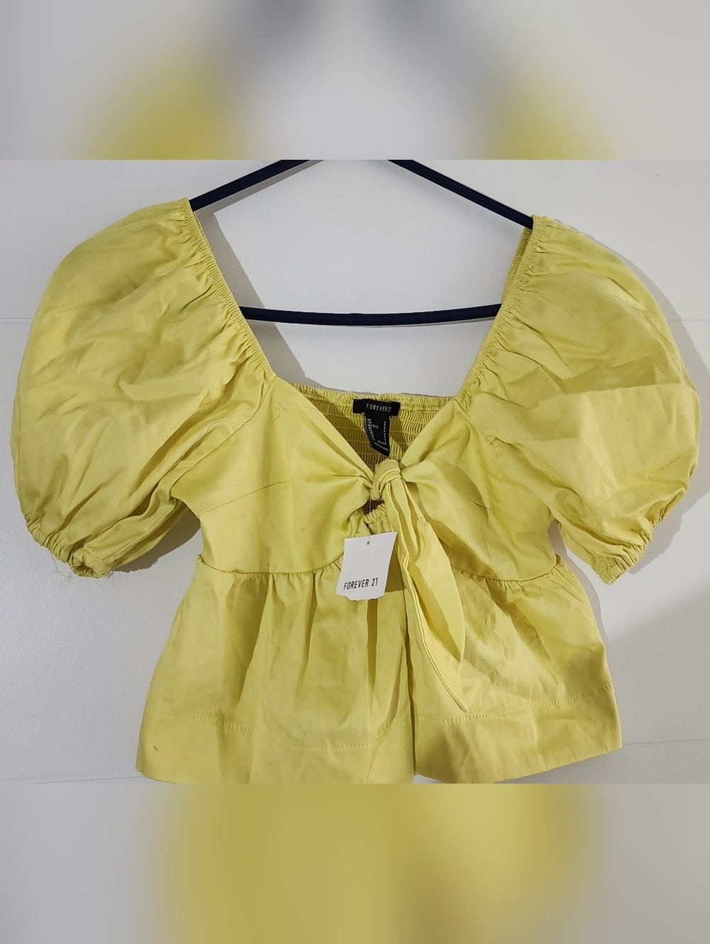 Forever 21 Yellow Tie-Front Puff Sleeve Crop Top